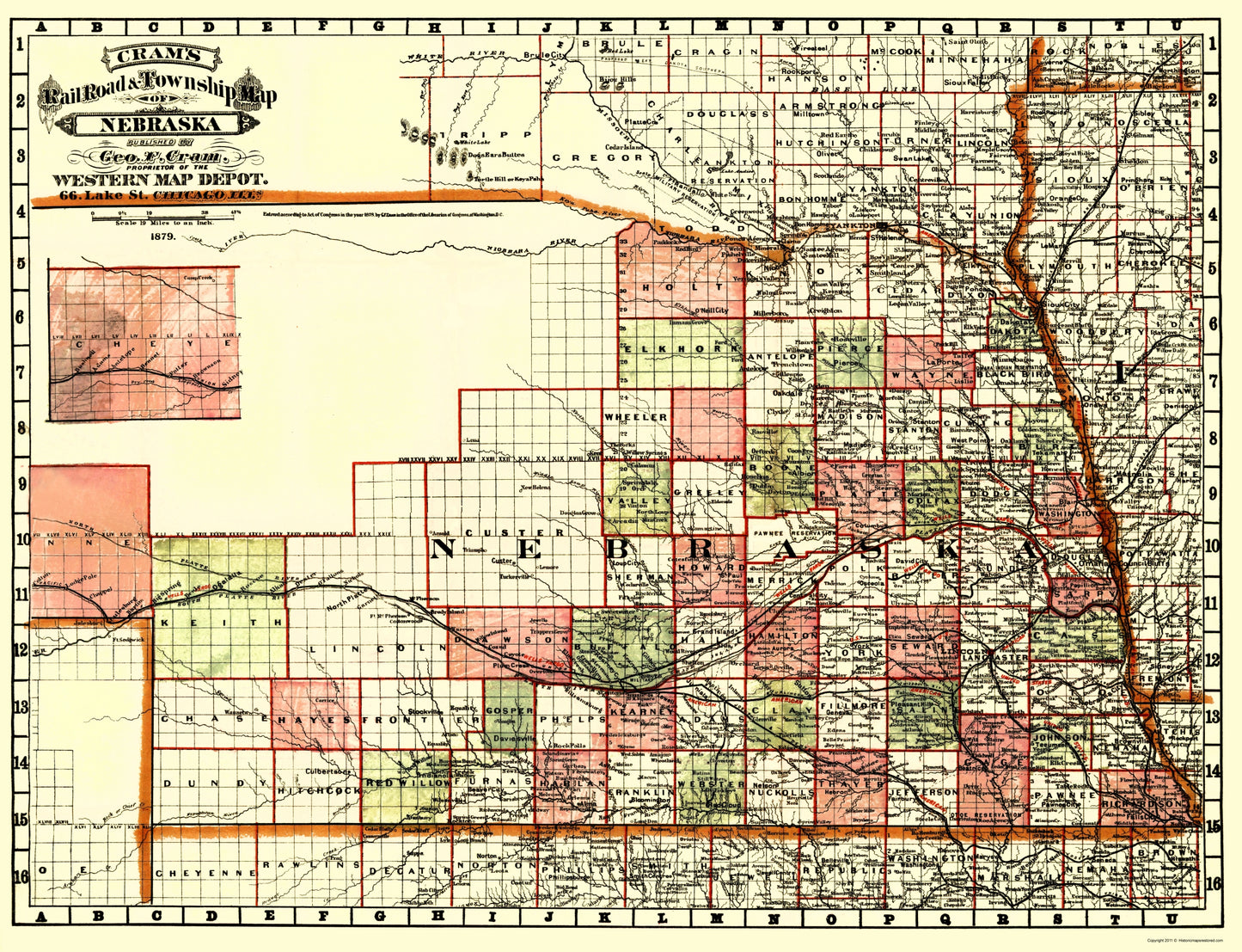 Railroad Map - Nebraska Railroads Townships - Cram 1879 - 23 x 30.02 - Vintage Wall Art