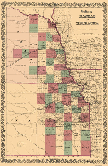 Historic State Map - Nebraska Kansas - Colton 1875 - 23 x 35.34 - Vintage Wall Art