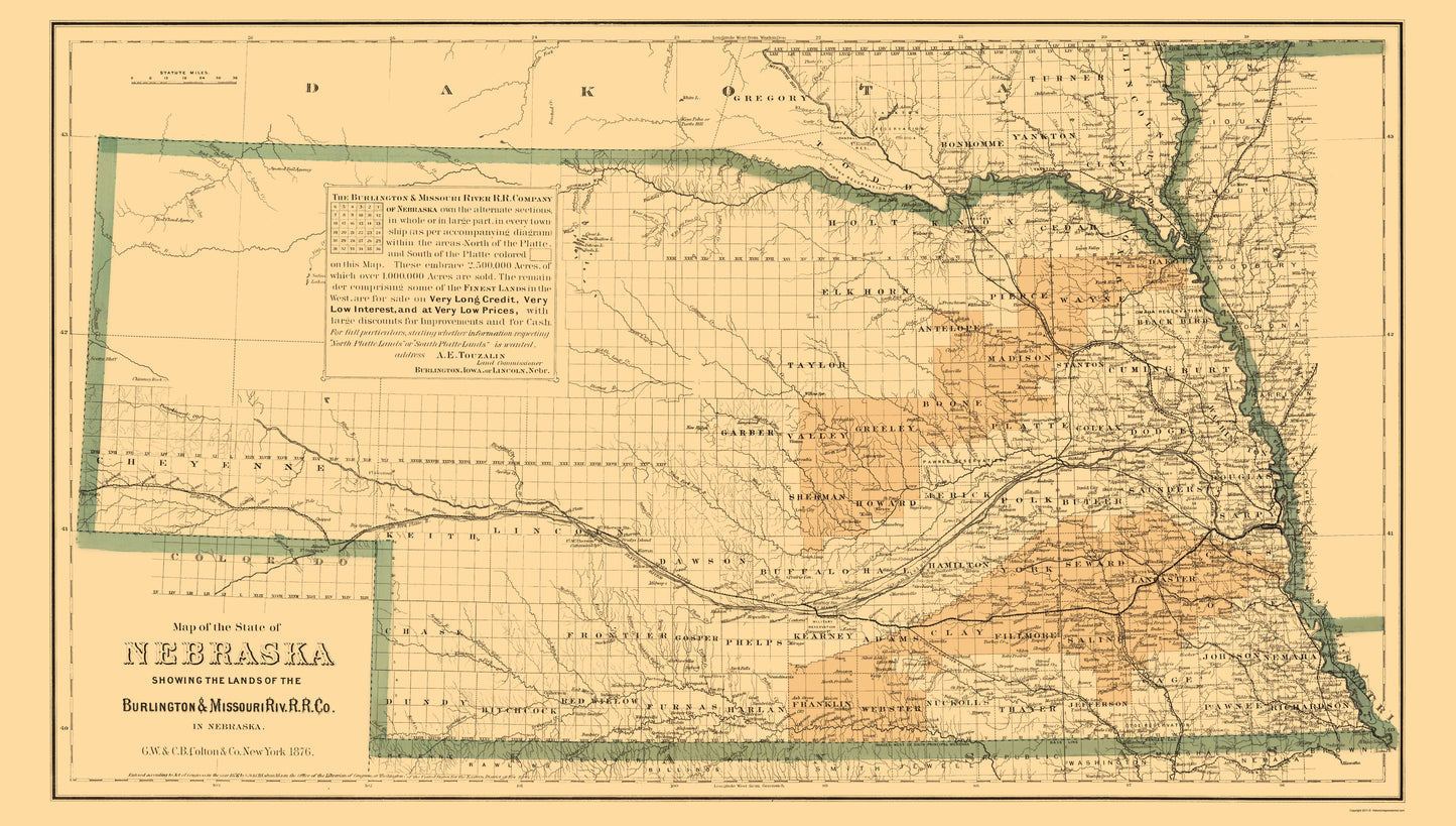 Railroad Map - Burlington and Missouri River Railroad  -Colton 1876 - 23 x 40 - Vintage Wall Art