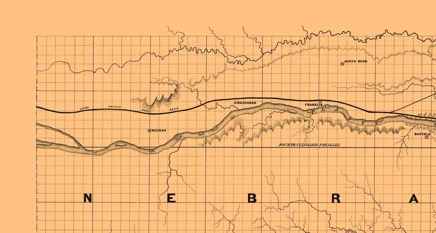 Railroad Map - Nebraska Union Pacific Railroad - Dey 1865 - 23 x 42 - Vintage Wall Art