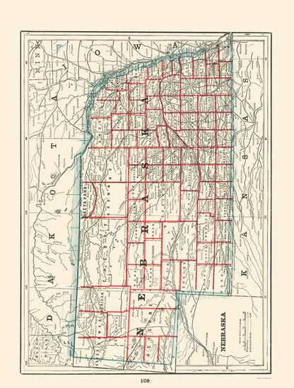 Historic State Map - Nebraska - Rathbun 1893 - 23 x 30.37 - Vintage Wall Art