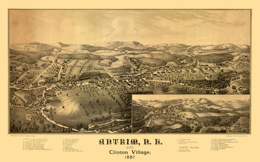 Historic Panoramic View - Antrim New Hampshire - Norris 1887 - 36.98 x 23 - Vintage Wall Art