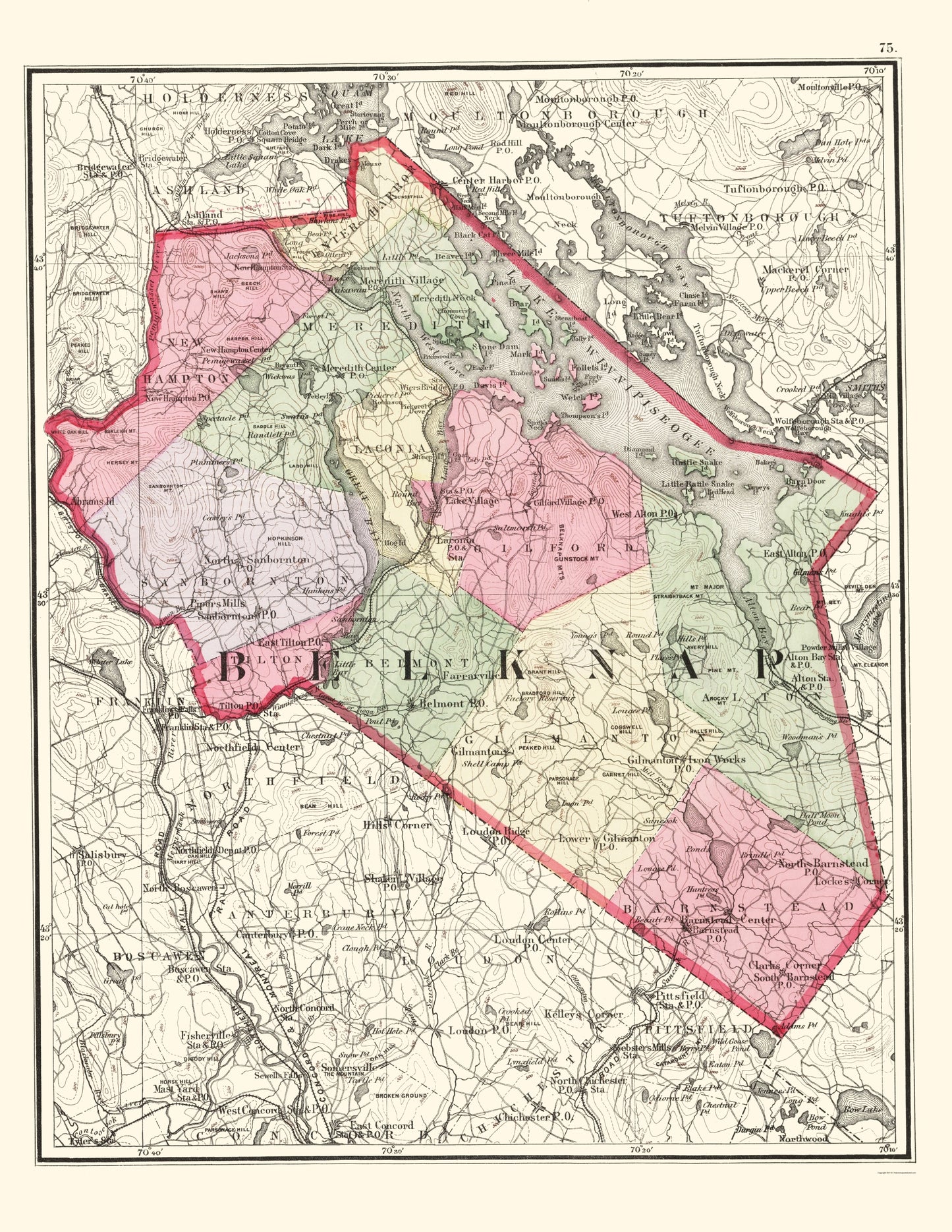 Historic County Map - Belknap County New Hampshire - Walling 1877 - 23 x 29.75 - Vintage Wall Art