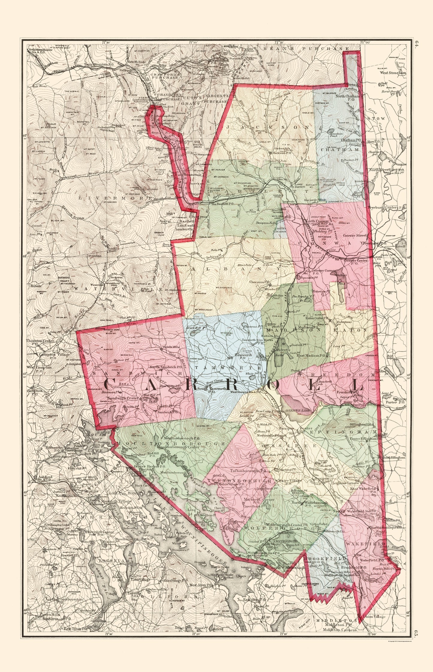 Historic County Map - Carroll County New Hampshire - Walling 1877 - 23 x 35.68 - Vintage Wall Art