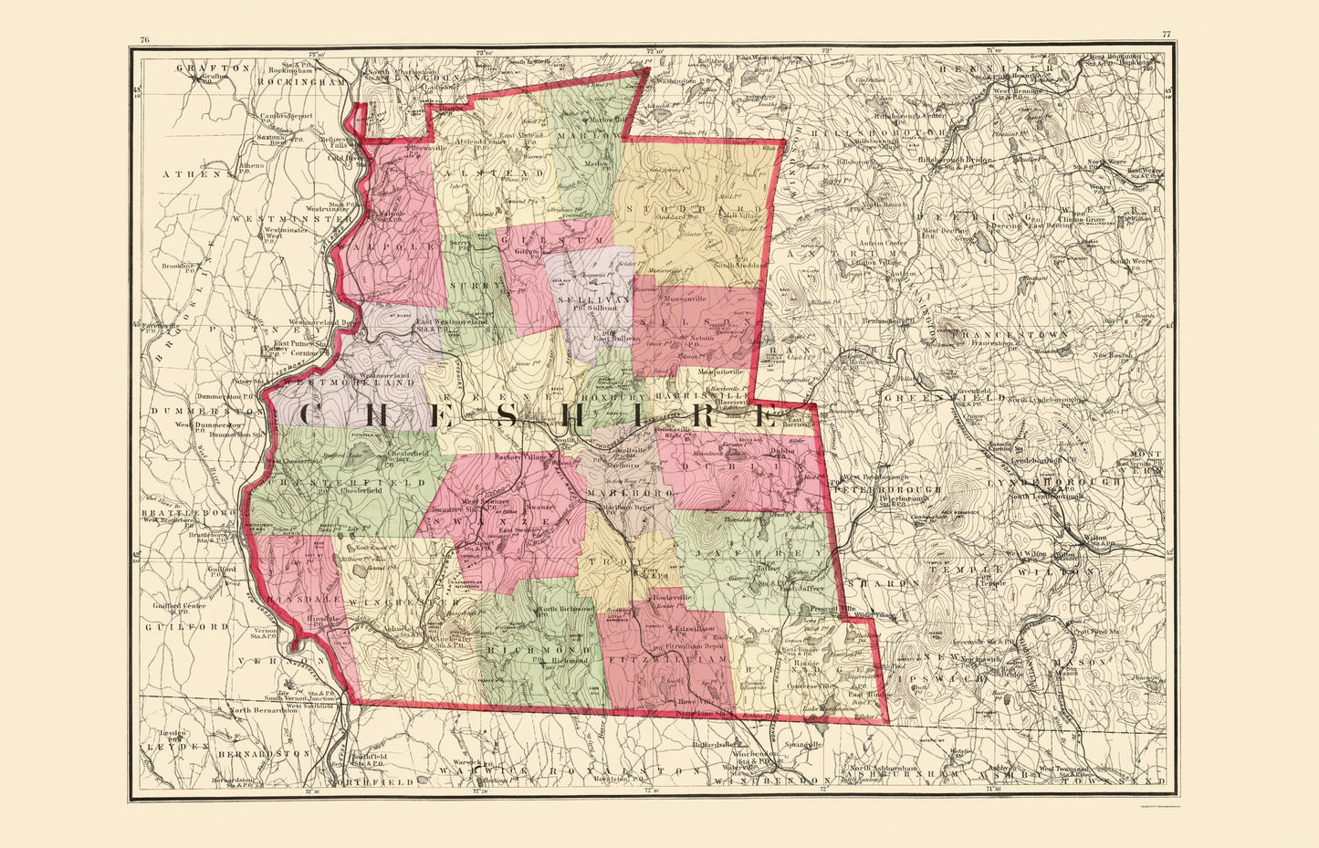 Historic County Map - Cheshire County New Hampshire - Walling 1877 - 23 x 35.77 - Vintage Wall Art