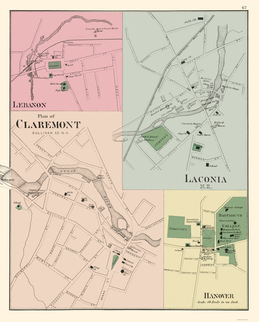 Historic City Map - Claremont New Hampshire - Hitchcock 1877 - 23 x 28.63 - Vintage Wall Art