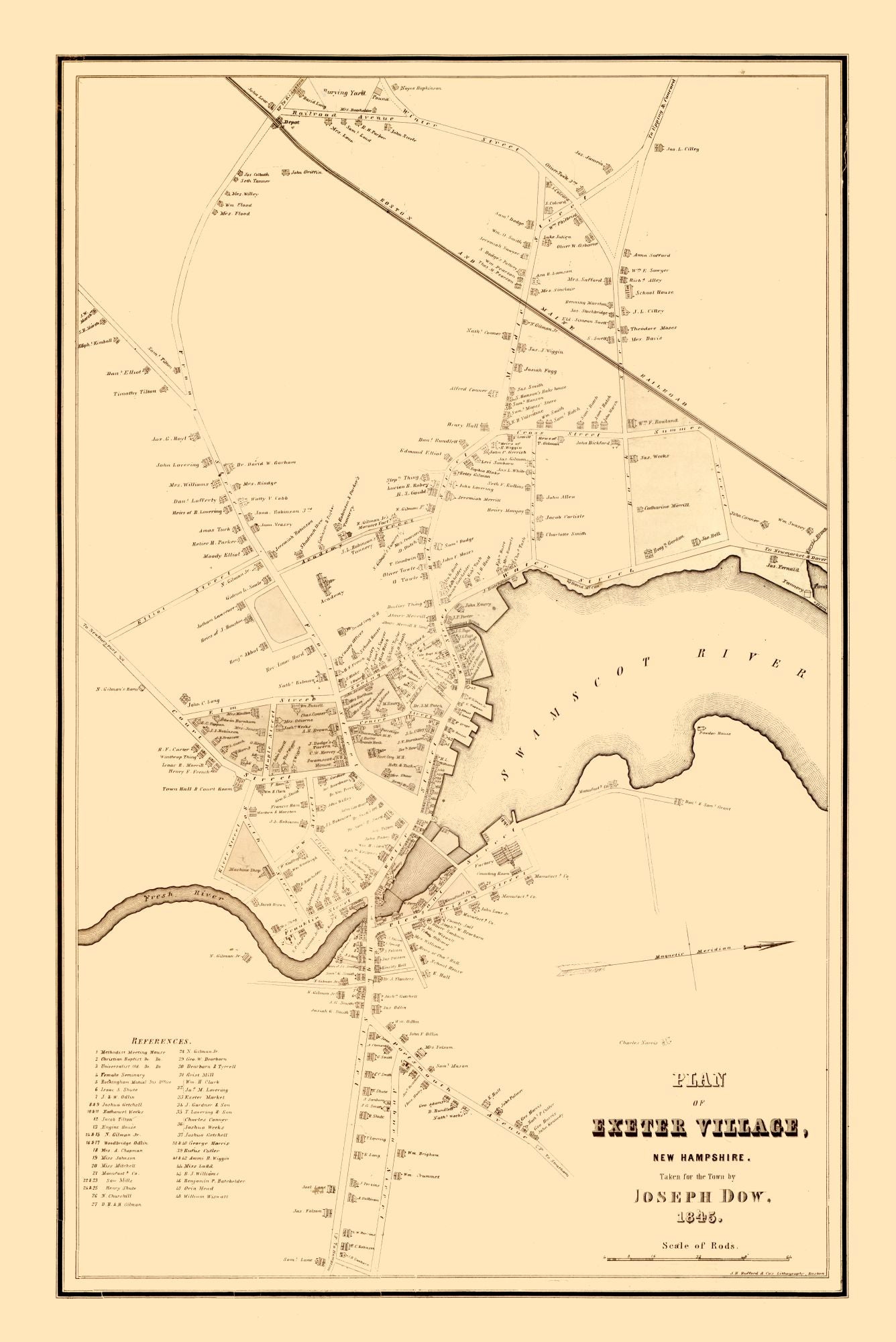 Historic City Map - Exeter New Hampshire - Dow 1845 - 23 x 34.43 - Vintage Wall Art