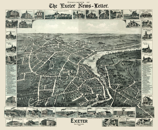 Historic Panoramic View - Exeter New Hampshire - Moore 1896 - 27.99 x 23 - Vintage Wall Art