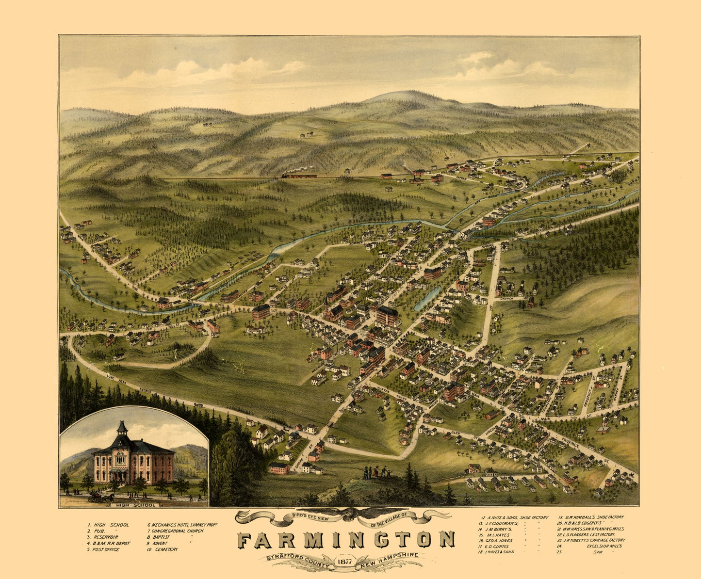 Historic Panoramic View - Farmington New Hampshire - 1877 - 27.83 x 23 - Vintage Wall Art