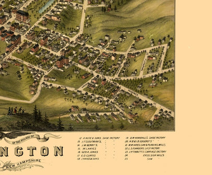 Historic Panoramic View - Farmington New Hampshire - 1877 - 27.83 x 23 - Vintage Wall Art