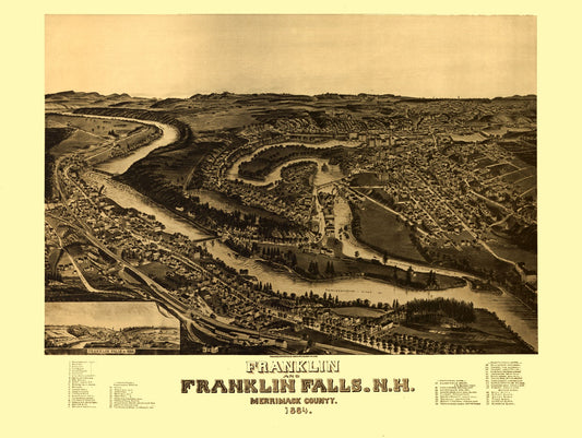 Historic Panoramic View - Franklin Falls New Hampshire - Norris 1884 - 30.57 x 23 - Vintage Wall Art