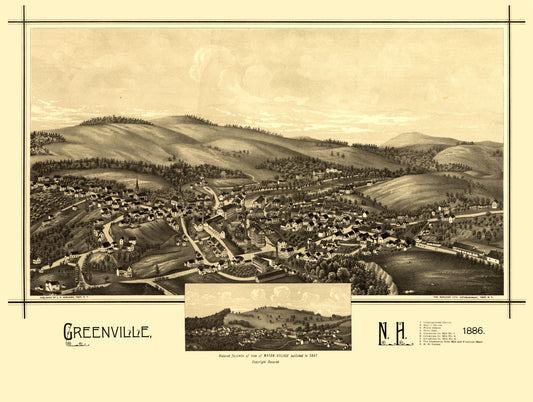 Historic Panoramic View - Greenville New Hampshire - Burleigh 1886 - 30.47 x 23 - Vintage Wall Art