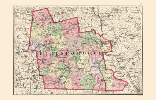 Historic County Map - Hillsborough County New Hampshire - Walling 1877 - 23 x 35.63 - Vintage Wall Art