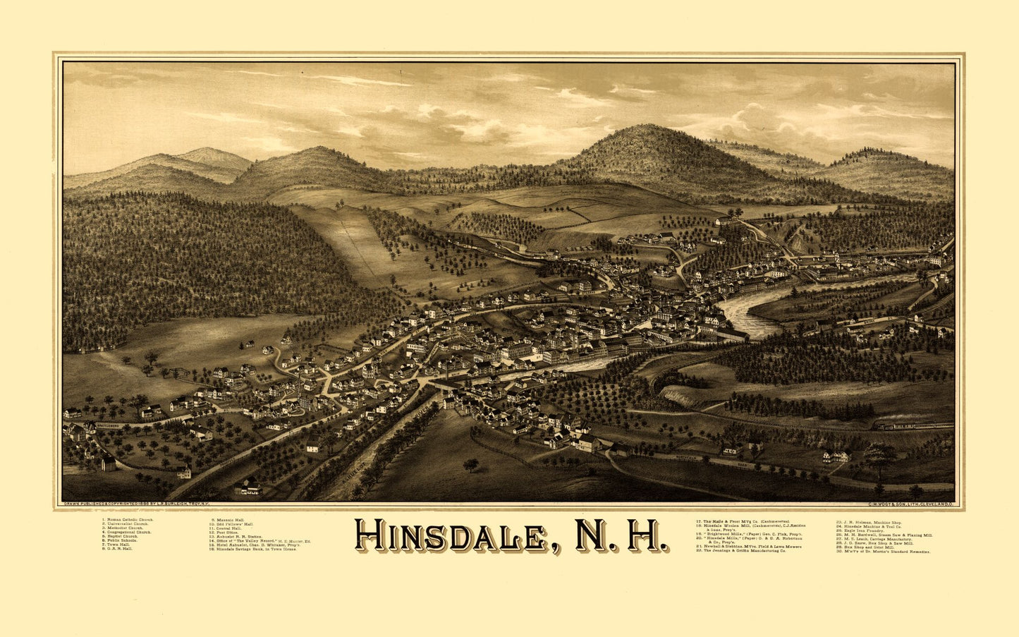 Historic Panoramic View - Hinsdale New Hampshire - Burleigh 1886 - 36.79 x 23 - Vintage Wall Art