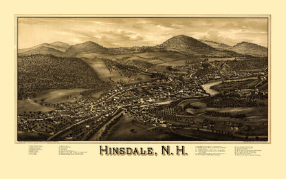 Historic Panoramic View - Hinsdale New Hampshire - Burleigh 1886 - 36.79 x 23 - Vintage Wall Art