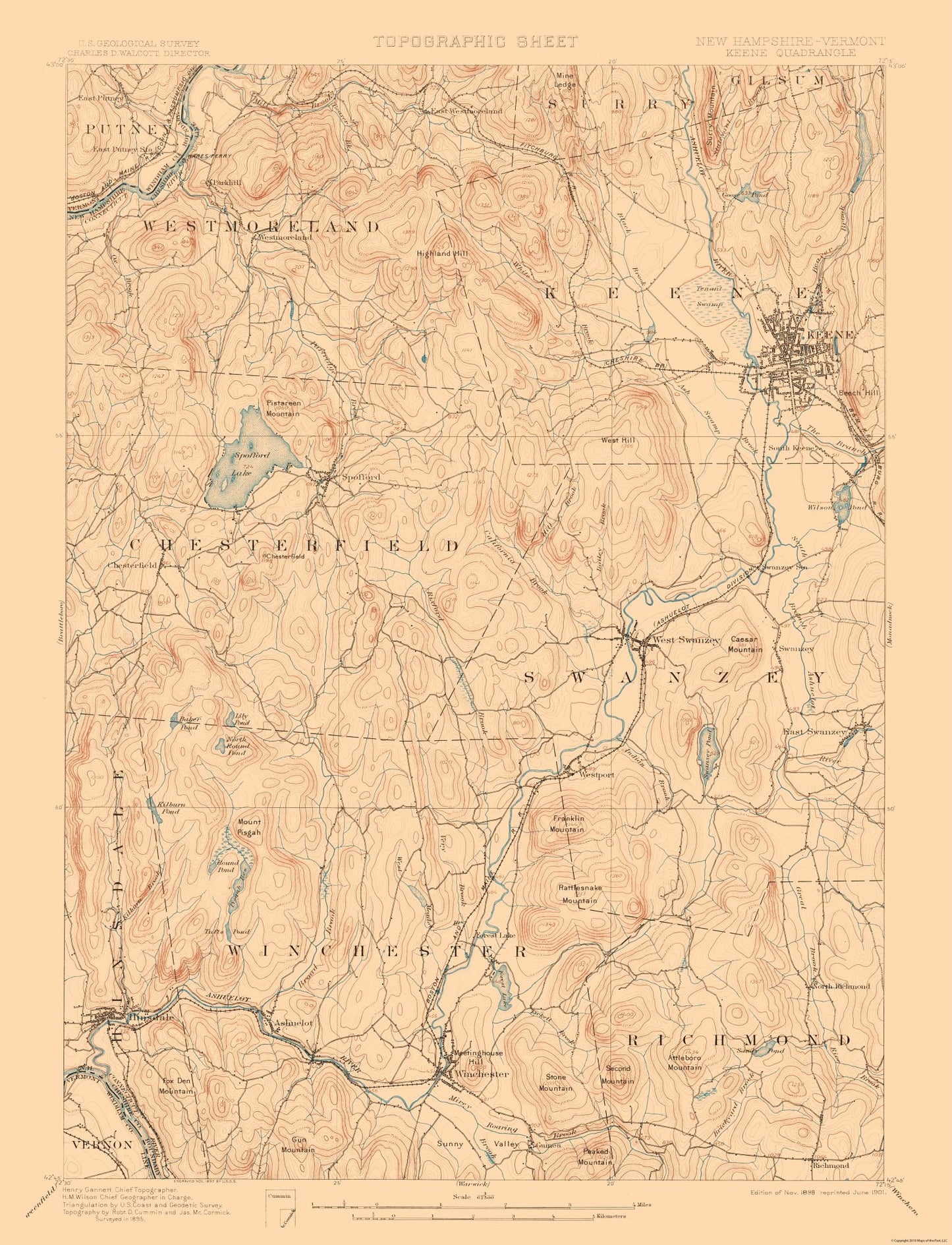 Topographical Map - Keene New Hampshire Quad - USGS 1898 - 23 x 30.06 - Vintage Wall Art