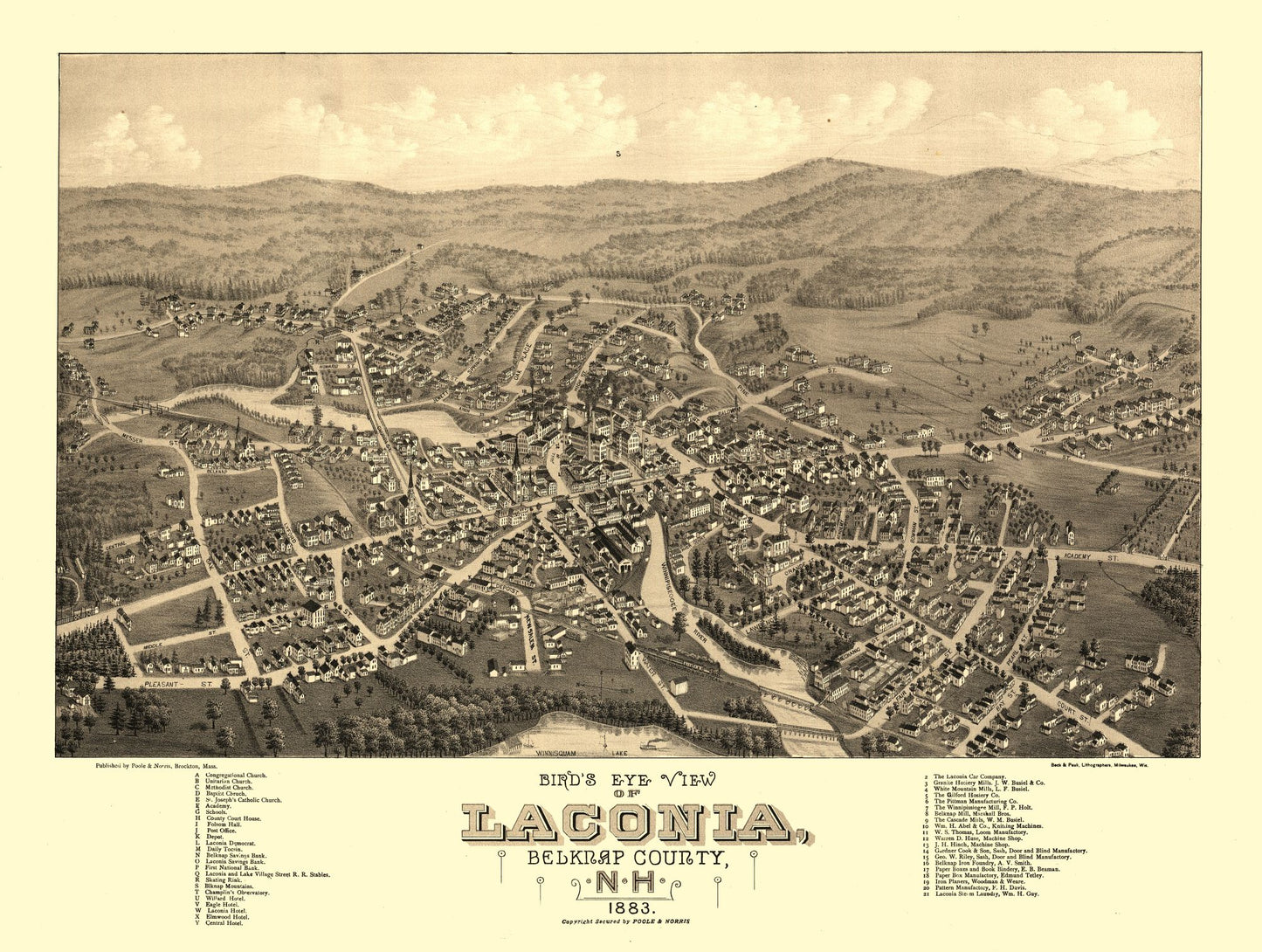 Historic Panoramic View - Laconia New Hampshire - Poole 1883 - 30.48 x 23 - Vintage Wall Art