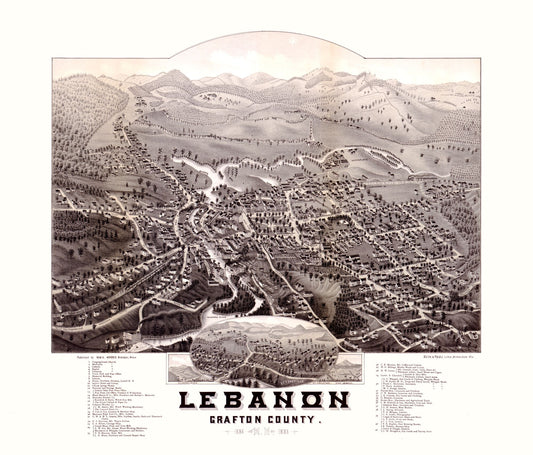 Historic Panoramic View - Lebanon New Hampshire - Norris 1884 - 26.97 x 23 - Vintage Wall Art