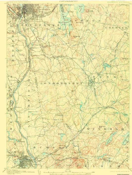 Topographical Map - Manchester New Hampshire Quad - USGS 1905 - 23 x 30.43 - Vintage Wall Art