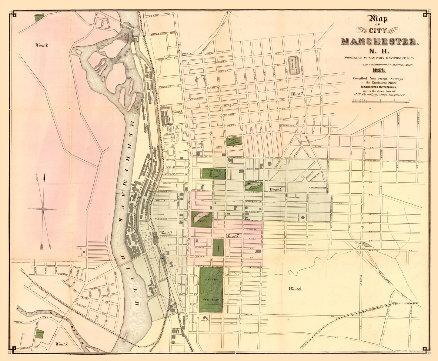 Historic City Map - Manchester New Hampshire - Davenport 1873 - 27.90 x 23 - Vintage Wall Art