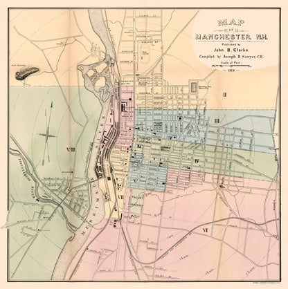 Historic City Map - Manchester New Hampshire - Clarke 1879 - 23 x 23.13 - Vintage Wall Art