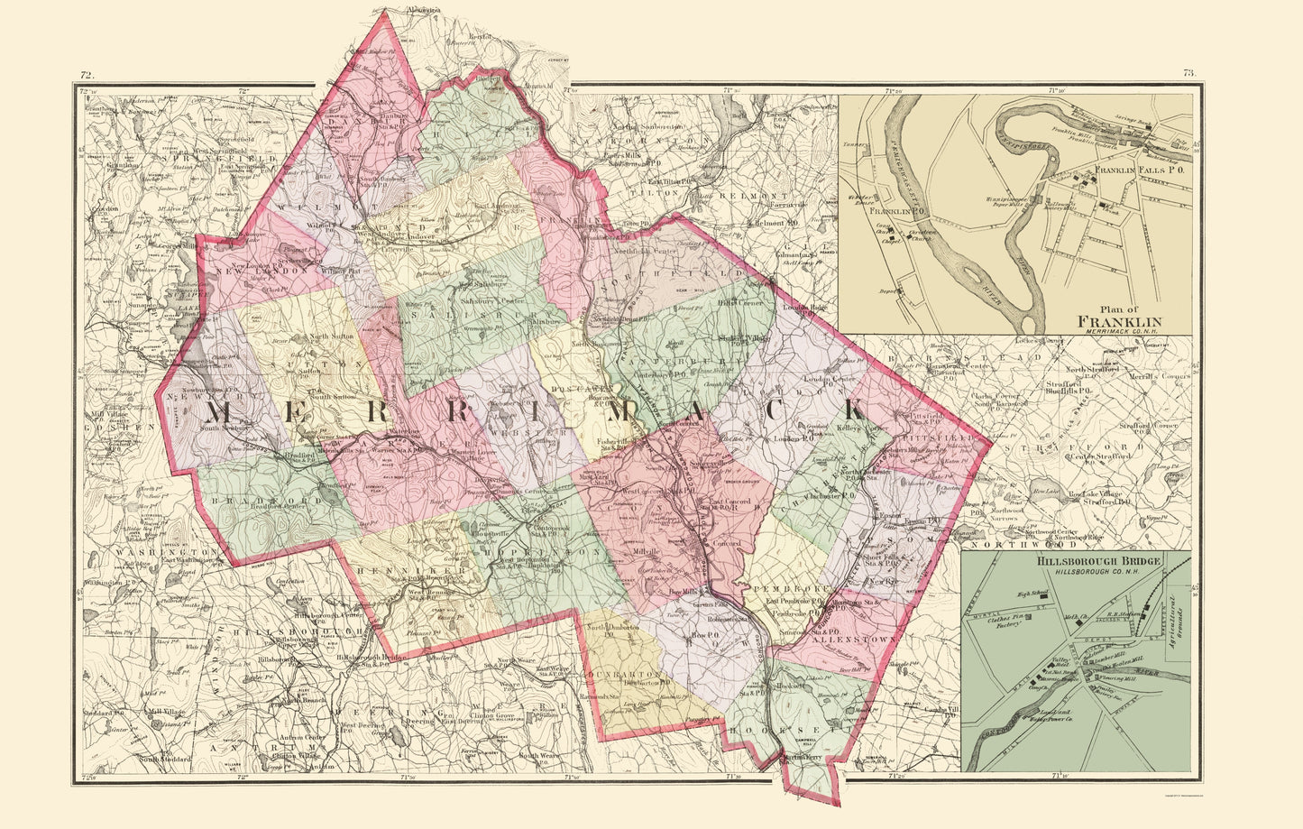 Historic County Map - Merrimack County New Hampshire - Walling 1877 - 23 x 36.16 - Vintage Wall Art