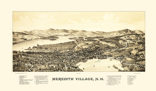 Historic Panoramic View - Meredith Village New Hampshire - Norris 1889 - 39.45 x 23 - Vintage Wall Art