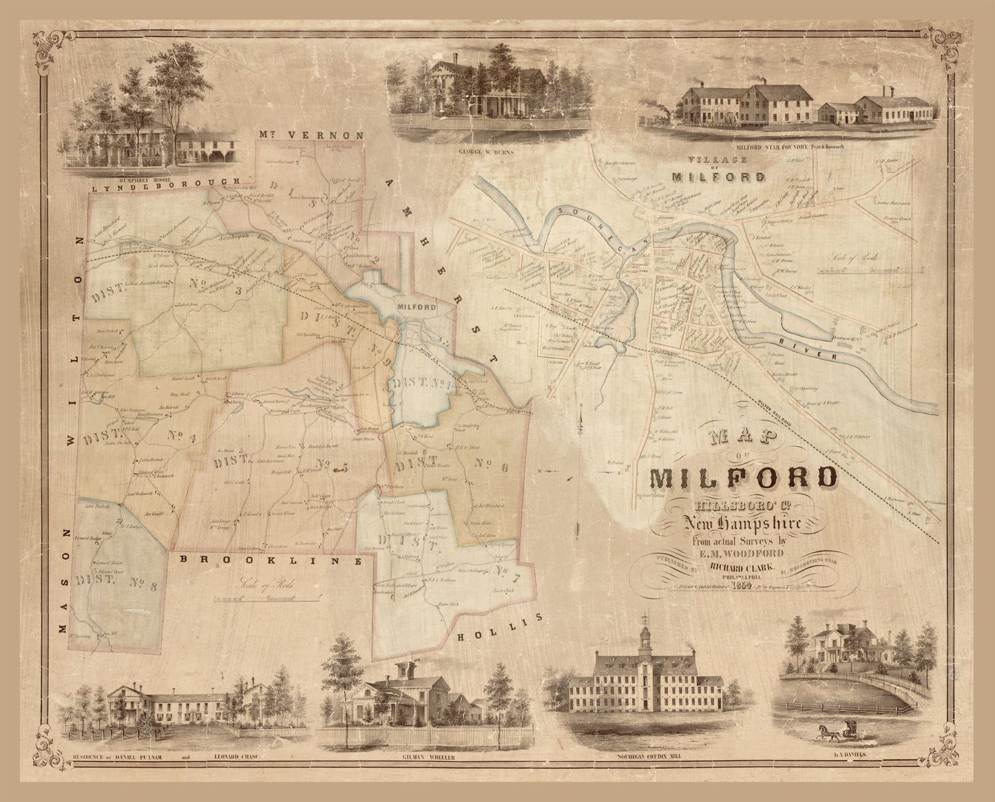 Historic City Map - Milford New Hampshire - Clark 1854 - 28.52 x 23 - Vintage Wall Art