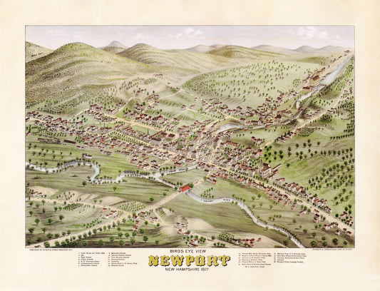 Historic Panoramic View - Newport New Hampshire - Stoner 1877 - 30.05 x 23 - Vintage Wall Art