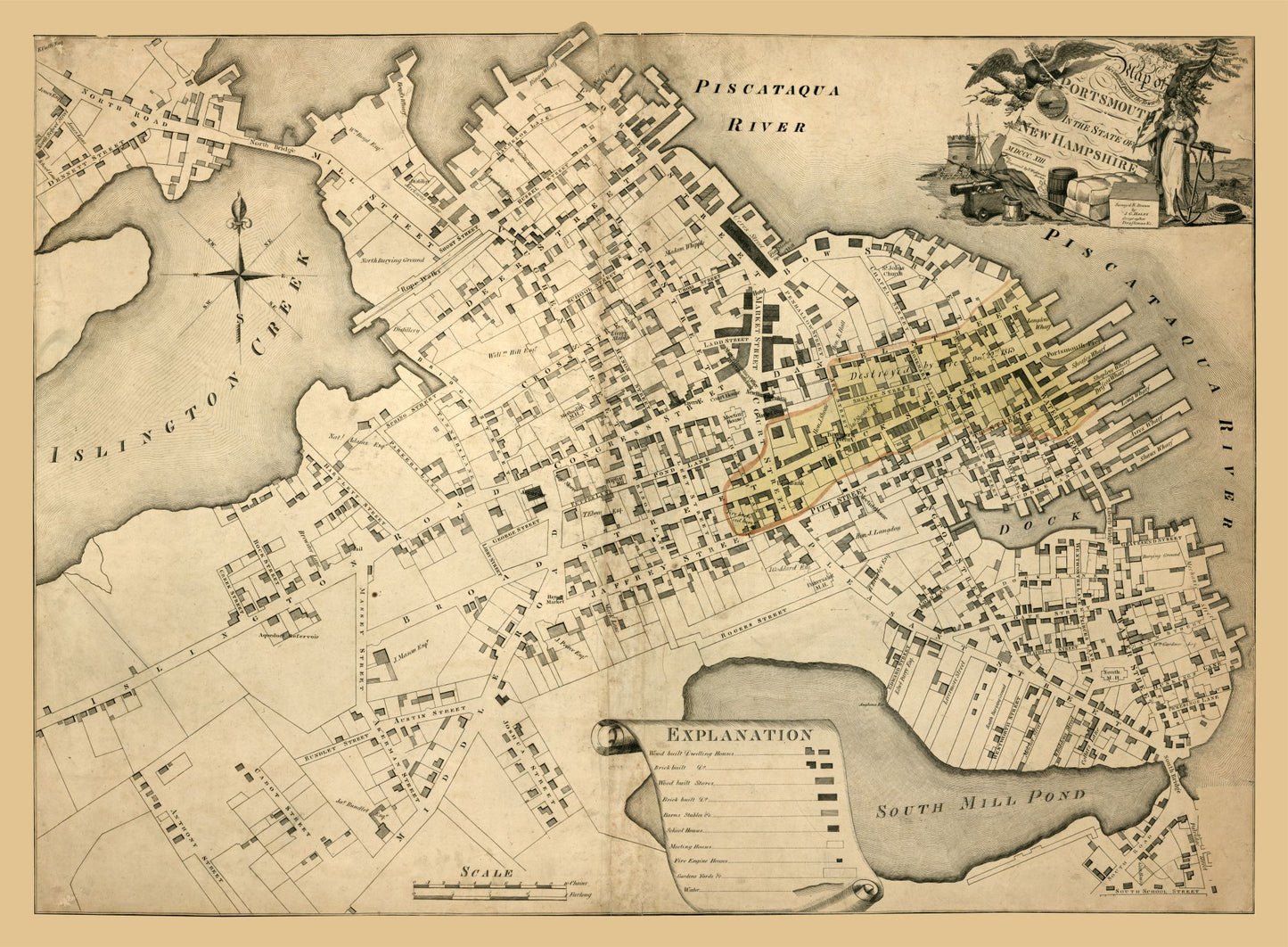 Historic City Map - Portsmouth New Hampshire - Halen 1813 - 31.30 x 23 - Vintage Wall Art