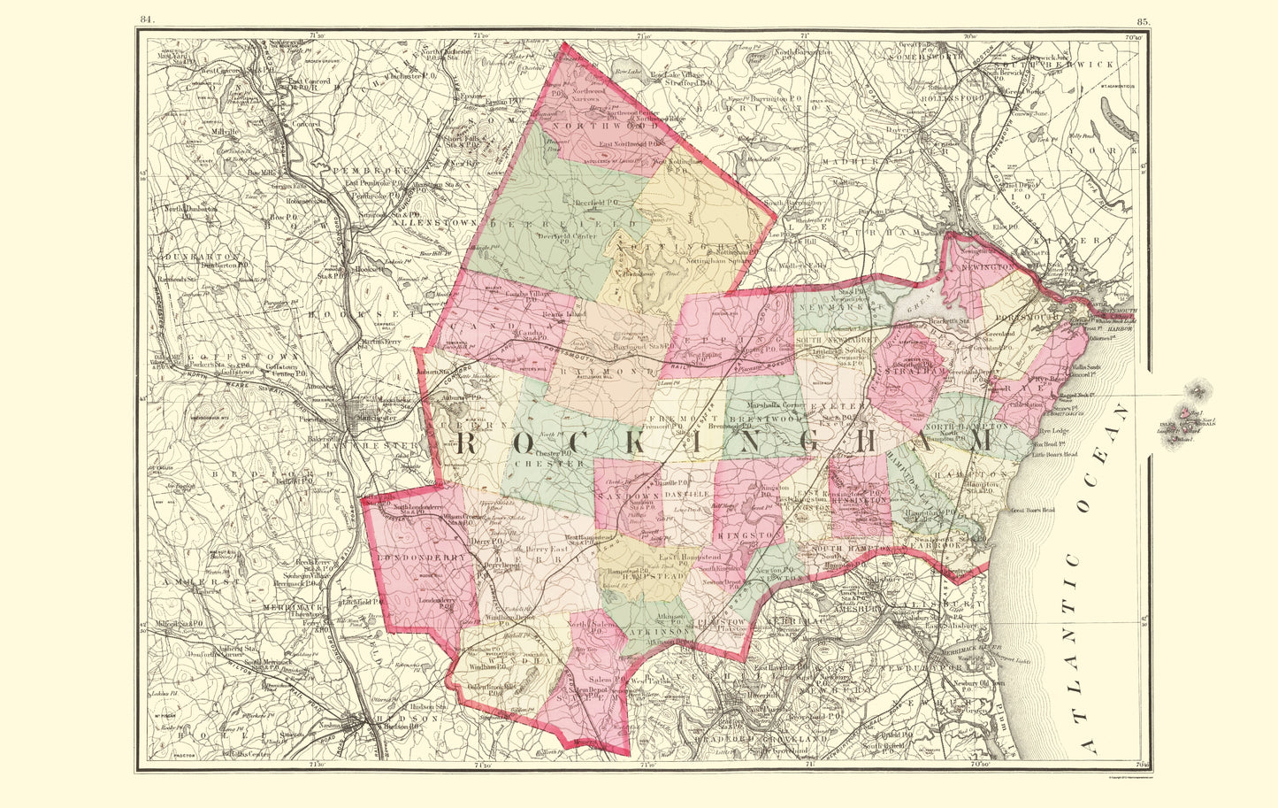 Historic County Map - Rockingham County New Hampshire - Walling 1877 - 23 x 36.39 - Vintage Wall Art