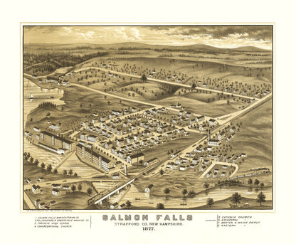 Historic Panoramic View - Salmon Falls New Hampshire - Richards 1877 - 27.90 x 23 - Vintage Wall Art