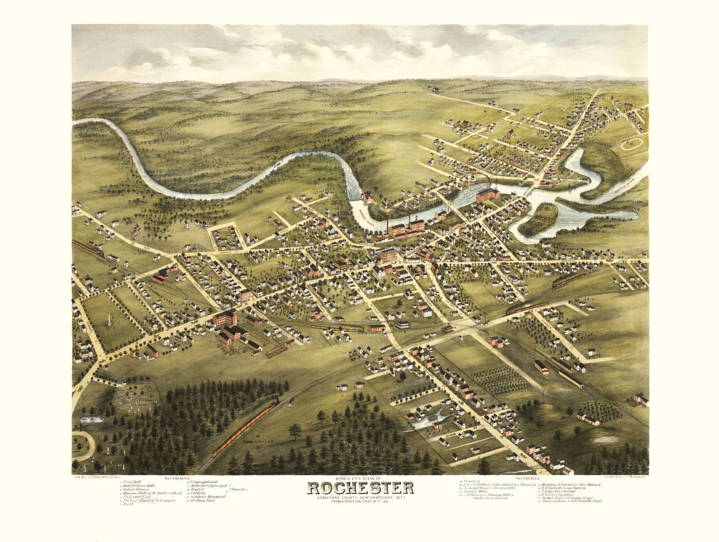 Historic Panoramic View - Rochester New Hampshire - Stoner 1877 - 30.47 x 23 - Vintage Wall Art