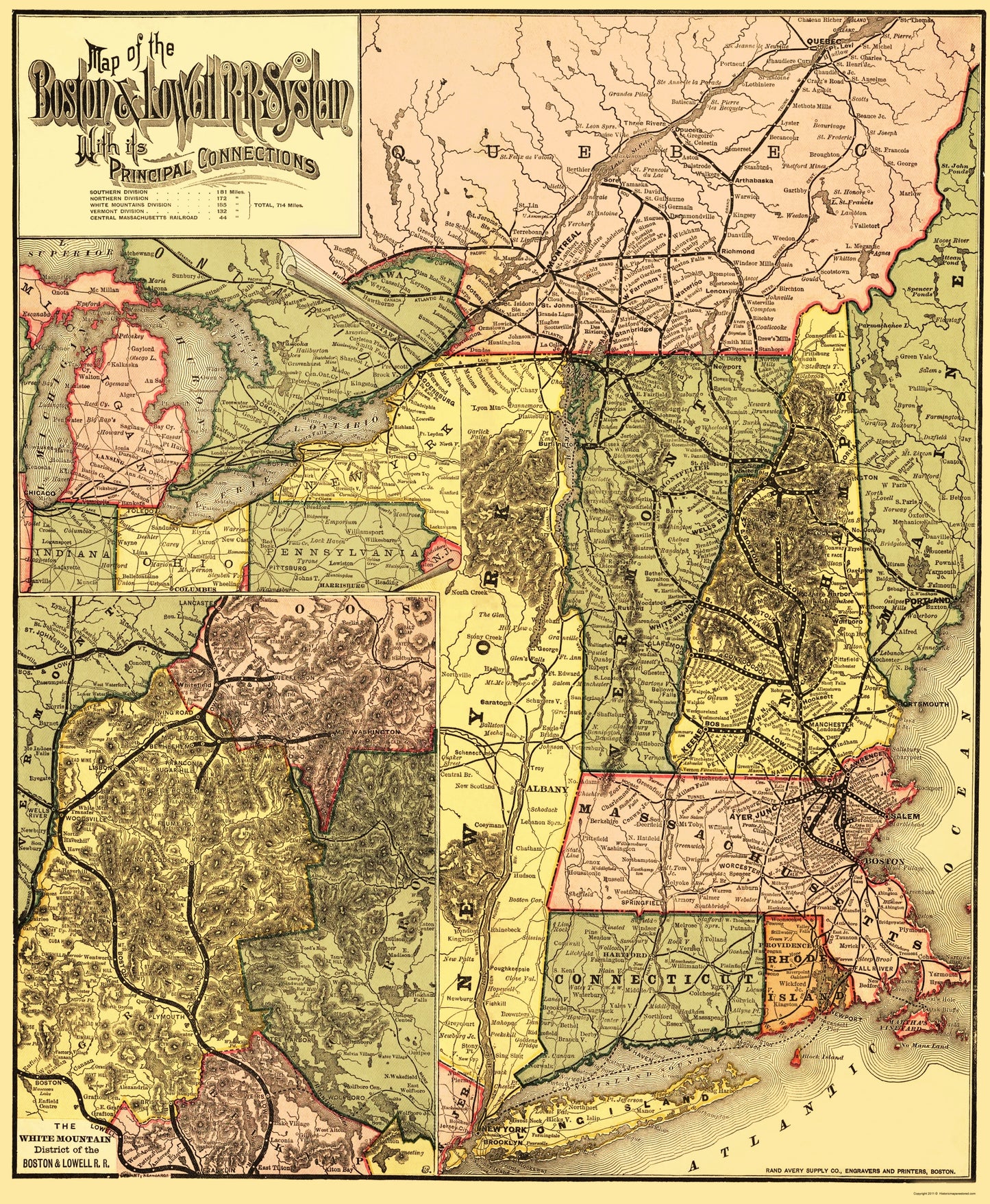 Railroad Map - Boston and Lowell Railroad System - Avery 1886 - 23 x 27.95 - Vintage Wall Art