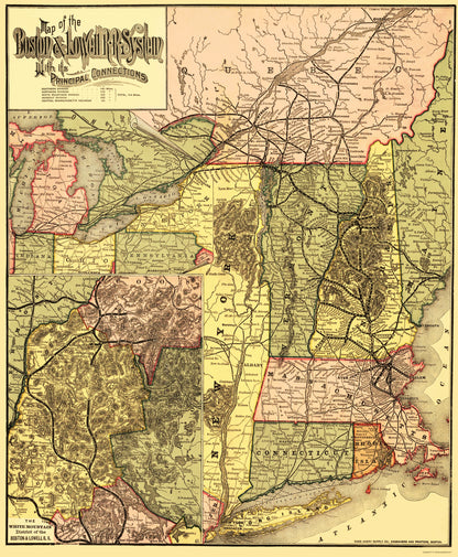 Railroad Map - Boston and Lowell Railroad System - Avery 1886 - 23 x 27.95 - Vintage Wall Art