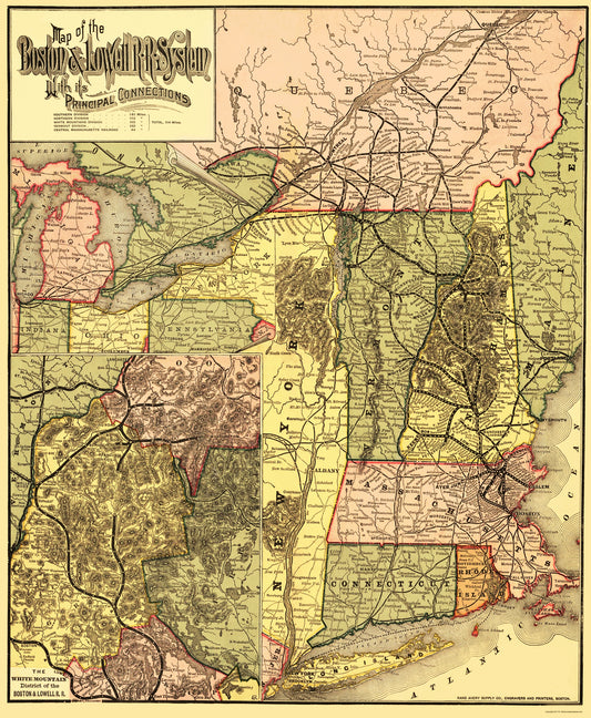 Railroad Map - Boston and Lowell Railroad System - Avery 1886 - 23 x 27.95 - Vintage Wall Art