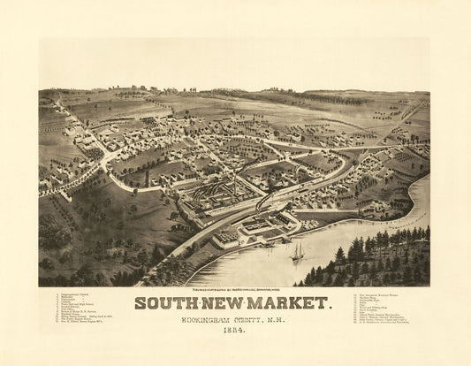 Historic Panoramic View - South Newmarket New Hampshire - Norris 1884 - 29.64 x 23 - Vintage Wall Art