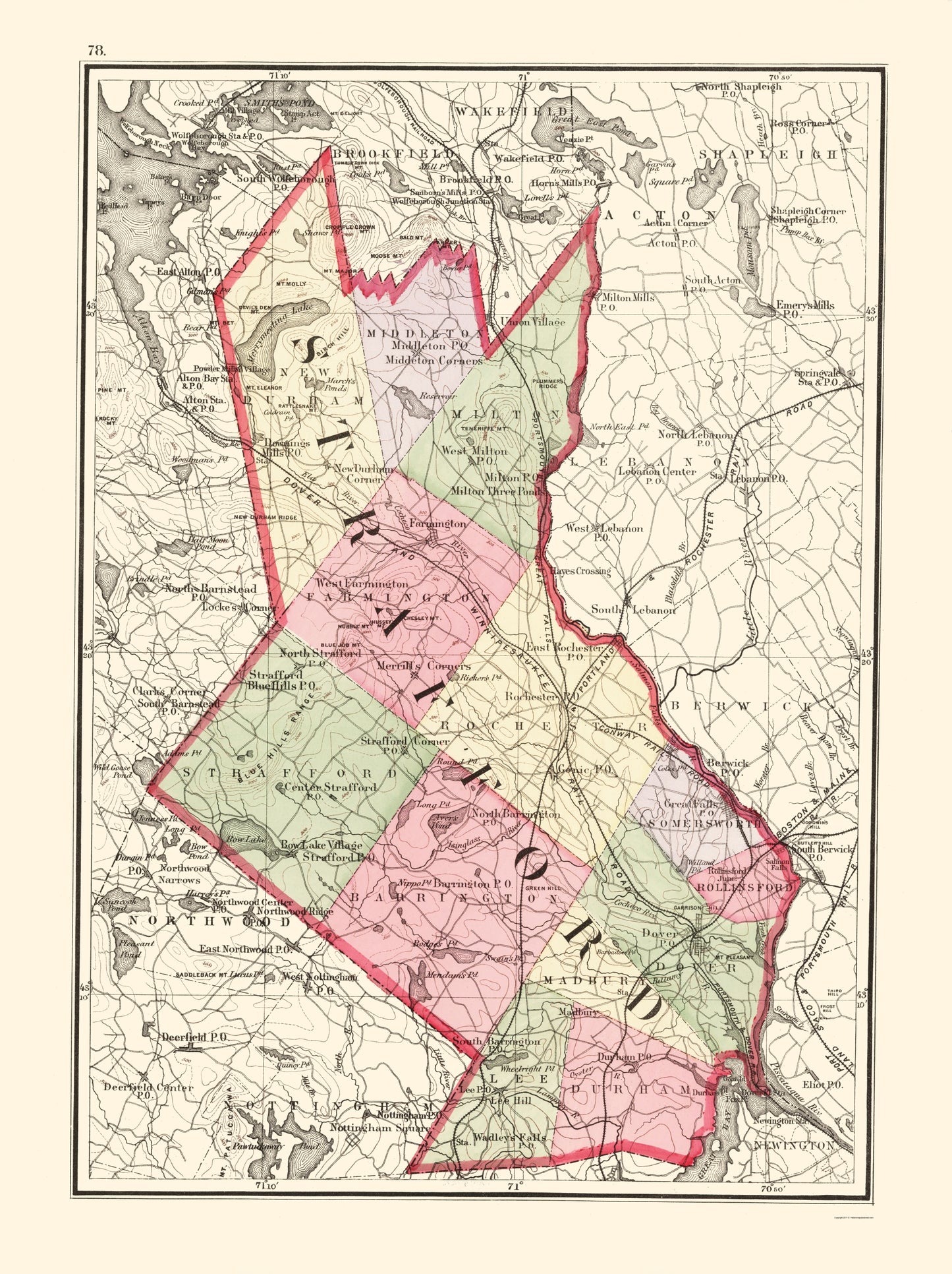 Historic County Map - Strafford County New Hampshire - Walling 1877 - 23 x 30.75 - Vintage Wall Art