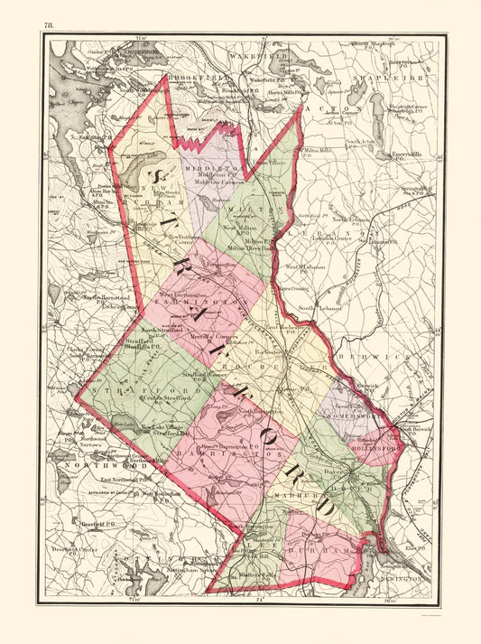 Historic County Map - Strafford County New Hampshire - Walling 1877 - 23 x 30.75 - Vintage Wall Art
