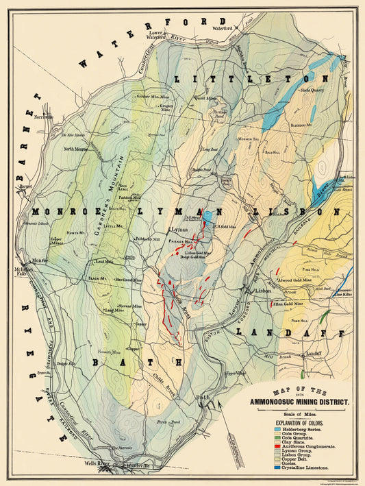 Historic Mine Map - New Hampshire Ammonoosuc Mining District - Hitchcock 1878 - 23 x 30 - Vintage Wall Art