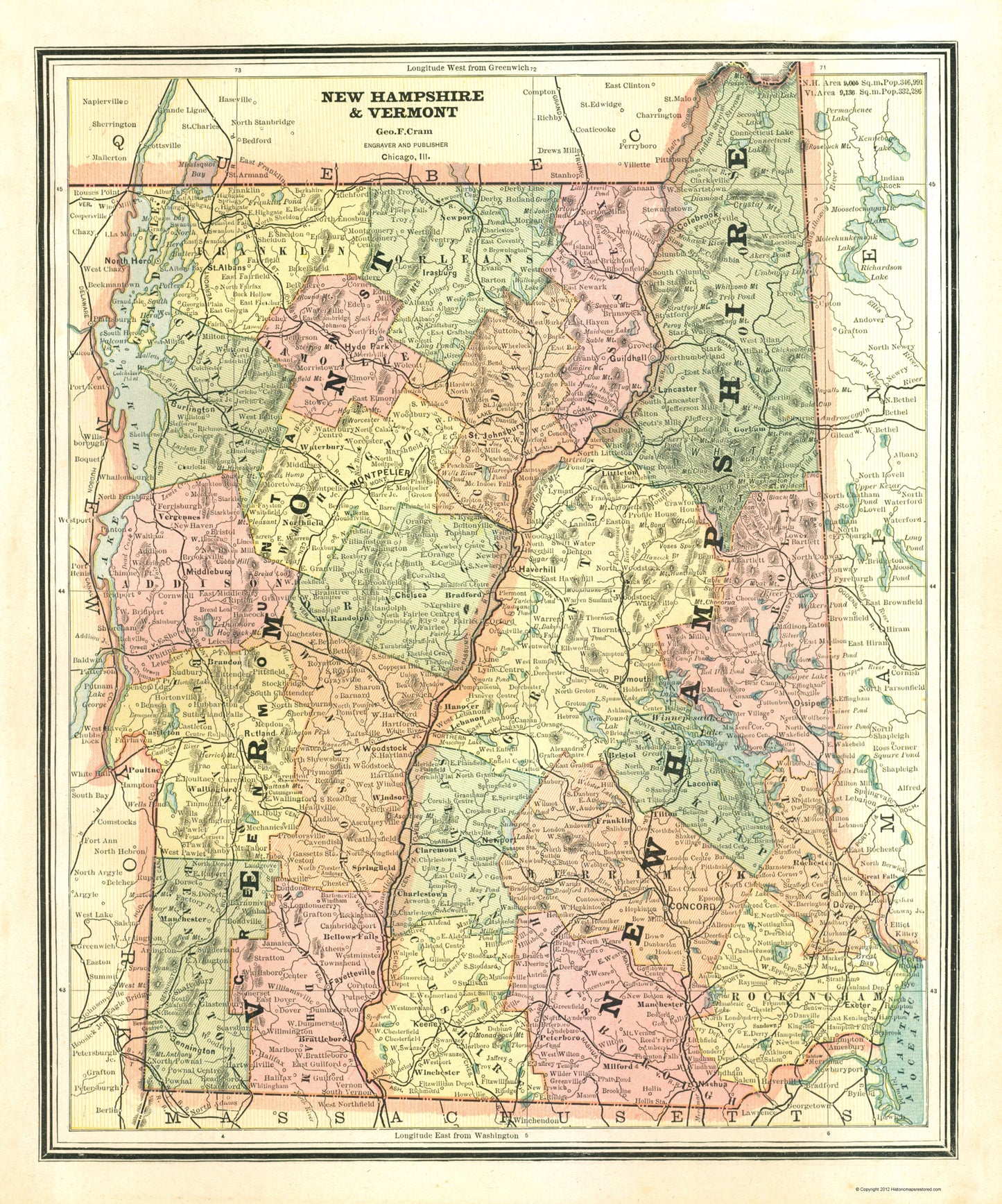 Historic State Map - New Hampshire Vermont - Cram 1886 - 23 x 27.63 - Vintage Wall Art