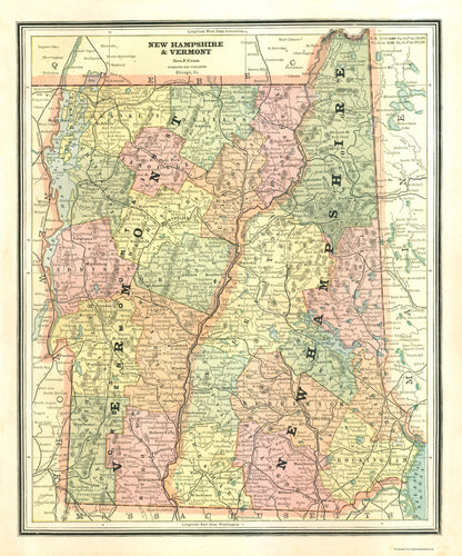 Historic State Map - New Hampshire Vermont - Cram 1886 - 23 x 27.63 - Vintage Wall Art