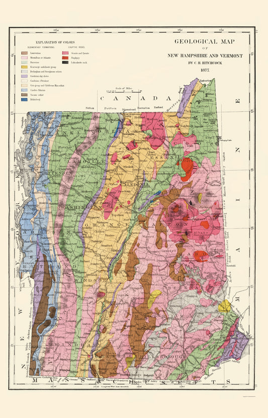 Historic State Map - New Hampshire Vermont Geological - Hitchcock 1877 - 23 x 35.75 - Vintage Wall Art