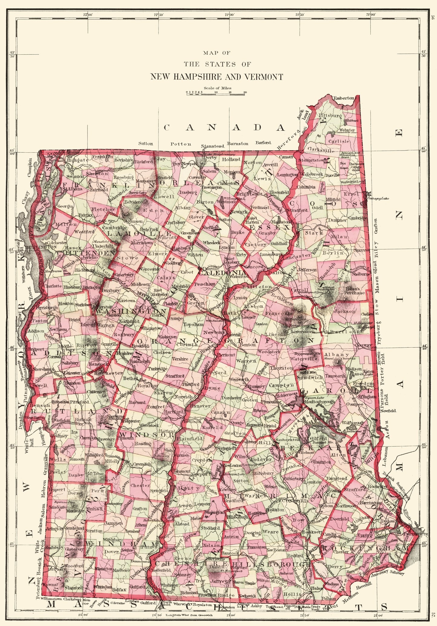 Historic State Map - New Hampshire Vermont - Hitchcock 1877 - 23 x 32.97 - Vintage Wall Art