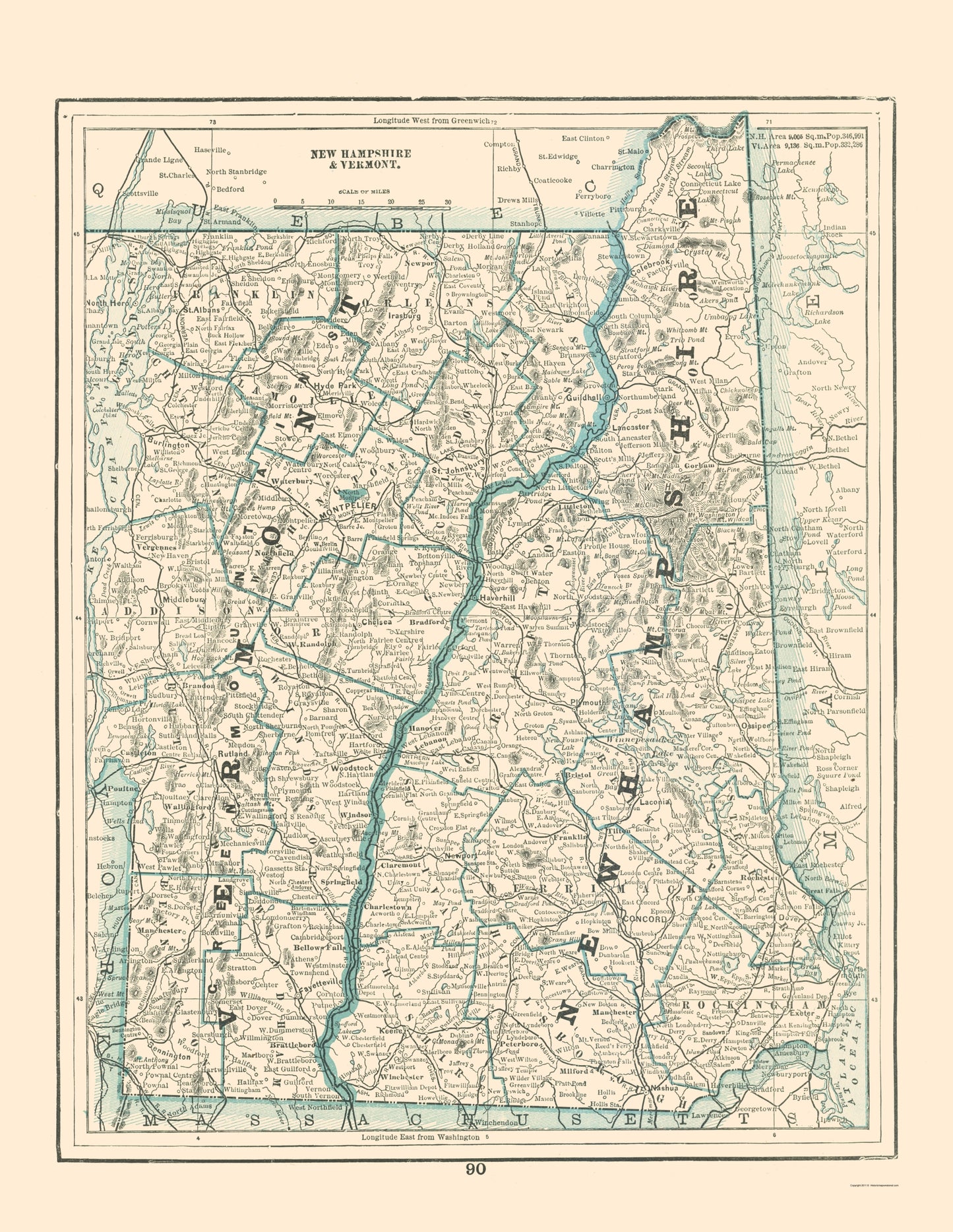 Historic State Map - New Hampshire Vermont - Rathbun 1893 - 23 x 29.71 - Vintage Wall Art