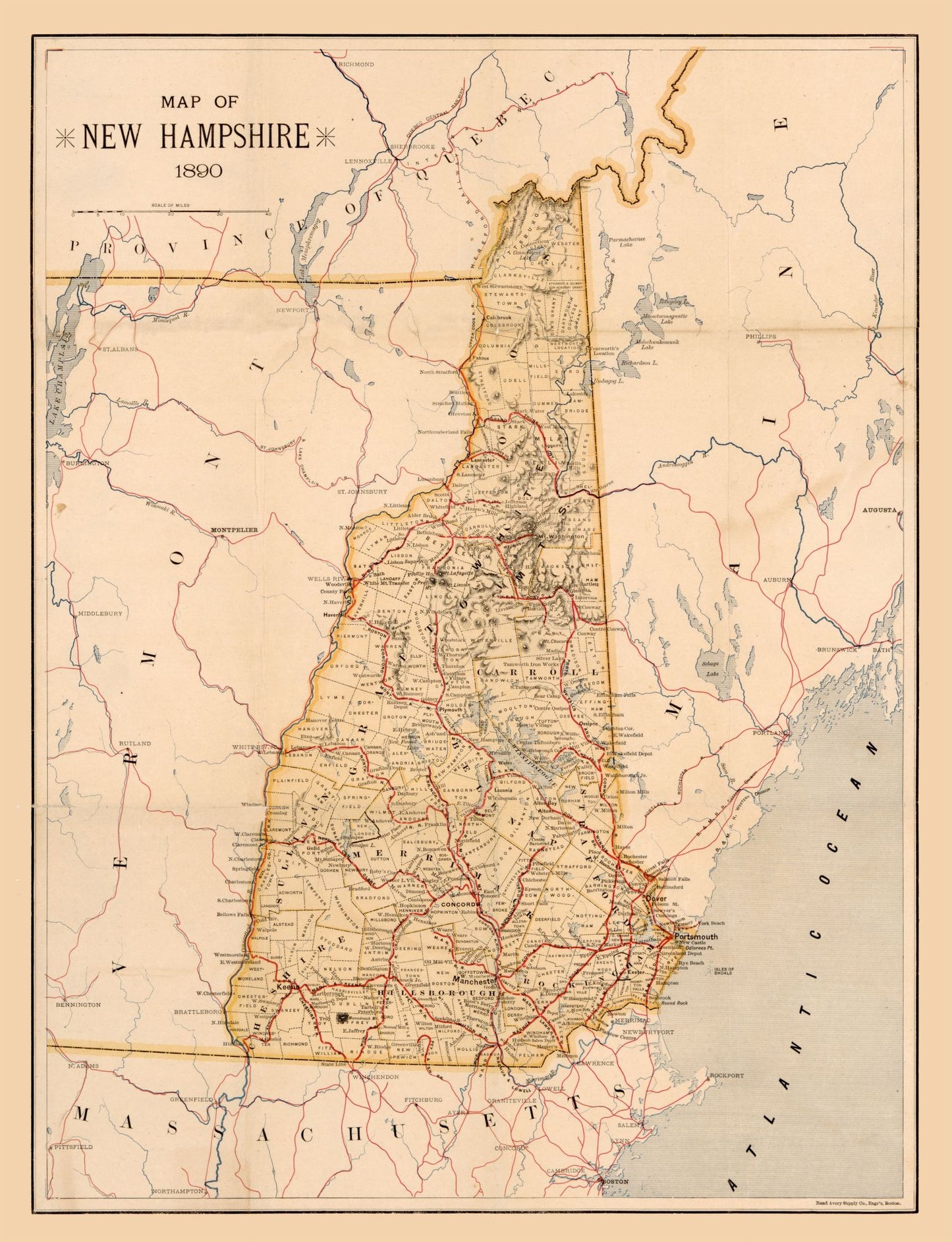 Historic State Map - New Hampshire - 1890 - 23 x 30.01 - Vintage Wall Art