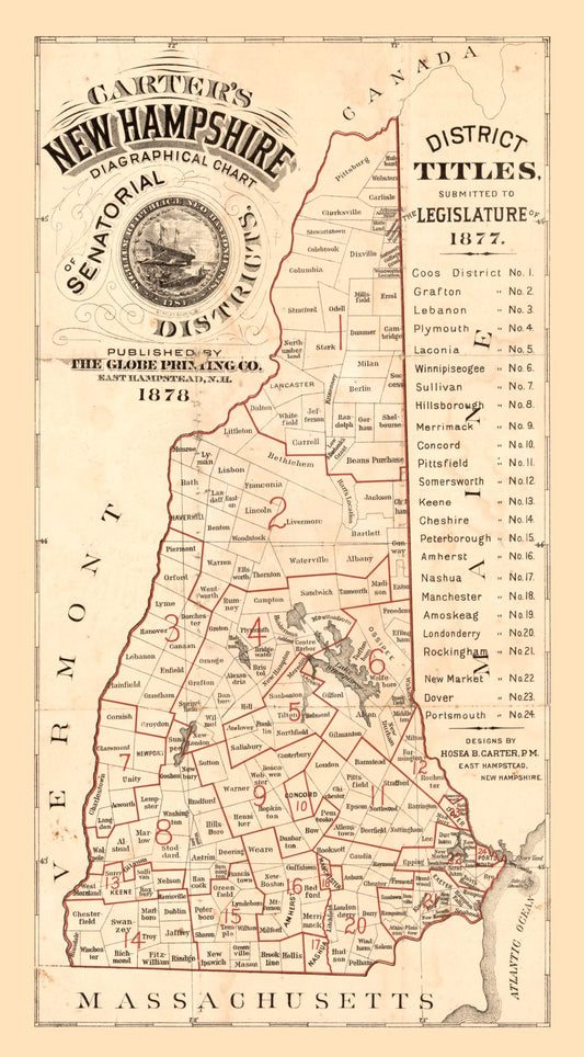 Historic State Map - New Hampshire - Carter 1878 - 23 x 41.60 - Vintage Wall Art