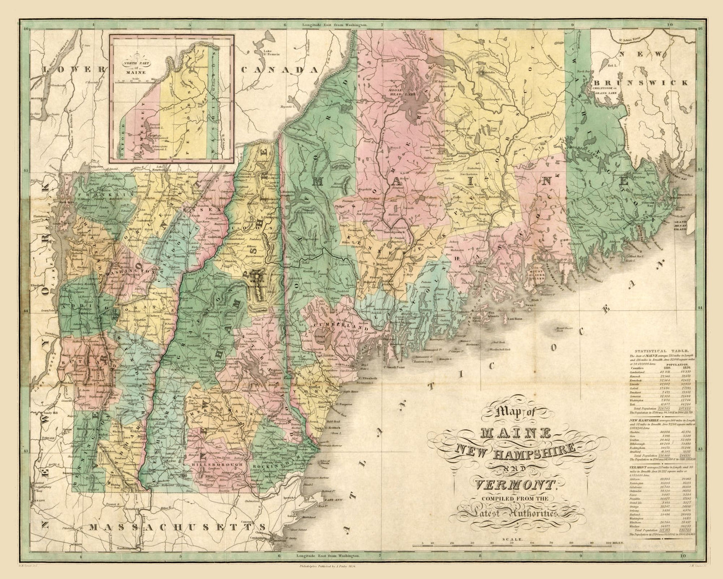 Historic State Map - New Hampshire Maine - Carter 1826 - 28.72 x 23 - Vintage Wall Art