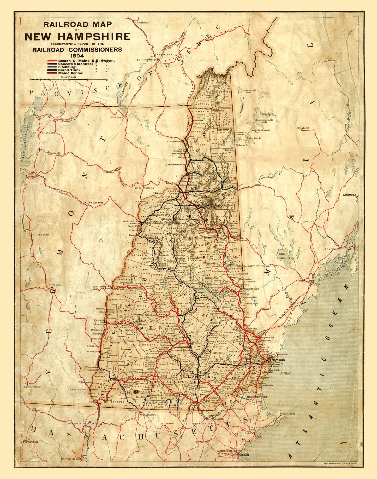 Railroad Map - New Hampshire Railroads - 1894 - 23 x 29.17 - Vintage Wall Art