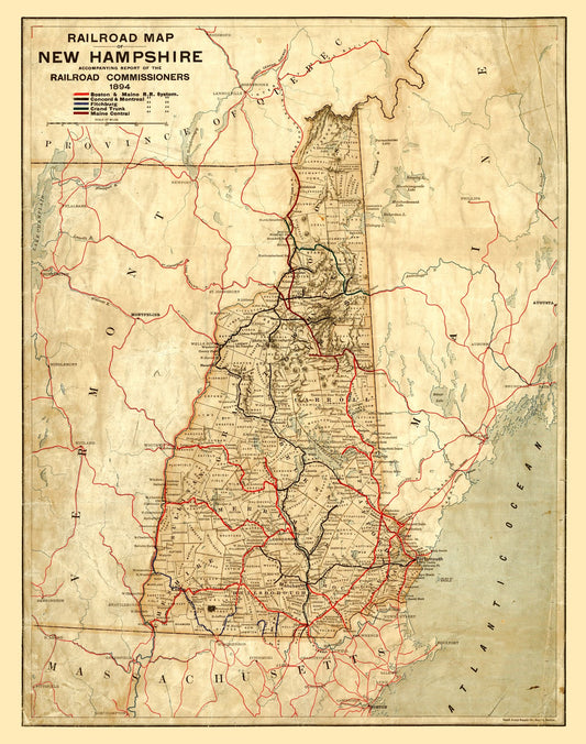 Railroad Map - New Hampshire Railroads - 1894 - 23 x 29.17 - Vintage Wall Art
